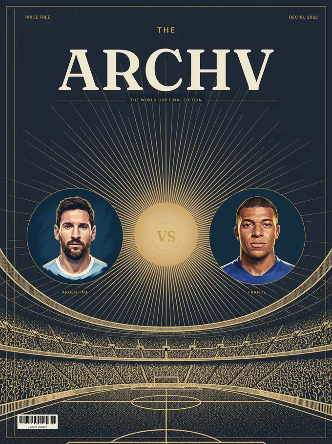 Lusail 2022 finals cover poster, two illustrated portraits face to face over a gold engraved stadium.