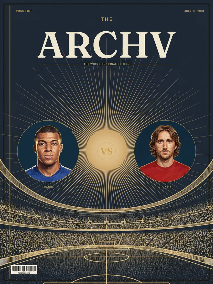 Moscow 2018 finals cover poster, two illustrated portraits face to face over a gold engraved stadium.