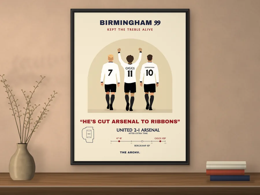 Framed poster of Manchester United 2-1 Arsenal, the 1999 FA Cup semi-final replay at Villa Park, hanging on a wall.