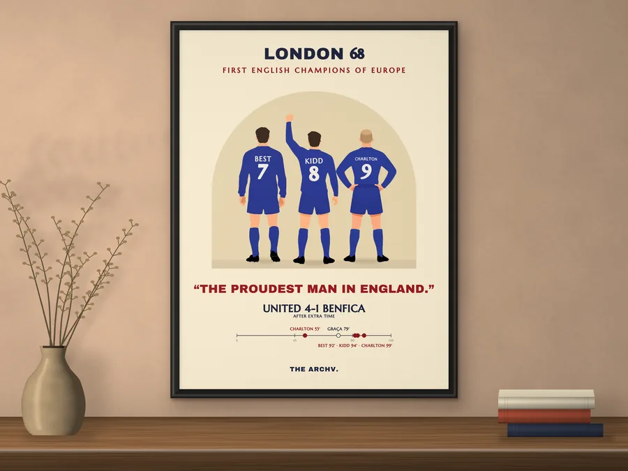 Manchester United 1968 European Cup final poster, London 68, framed on a shelf.