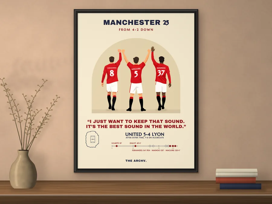 Framed poster of Manchester United 5-4 Lyon, the 2025 Europa League quarter-final at Old Trafford, hanging on a wall.