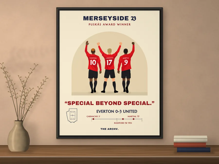 Framed poster of Manchester United's 3-0 win at Everton, Goodison Park, November 2023, hanging on a wall.