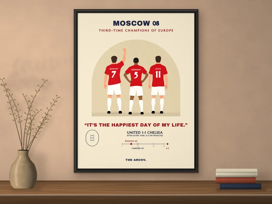 Framed poster of Manchester United 1-1 Chelsea, the 2008 Champions League final in Moscow won on penalties, hanging on a wall.