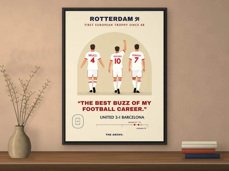 Manchester United 1991 Cup Winners' Cup final poster, Rotterdam 91, framed on a shelf.