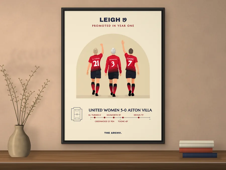Framed poster on a wall: Manchester United Women's 5-0 promotion win over Aston Villa, Leigh 2019, three players seen from behind in red and black.