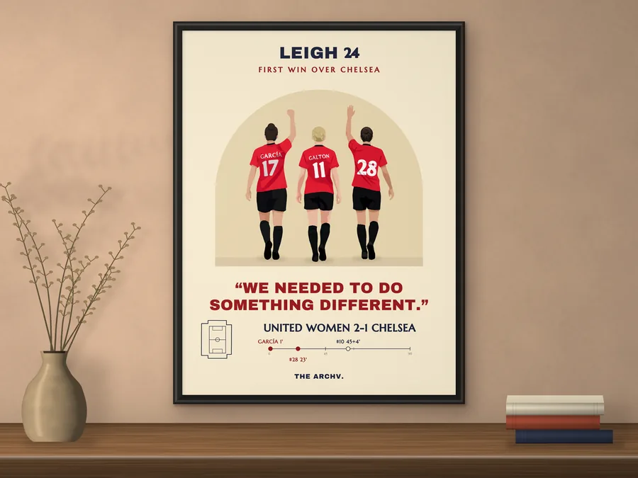 Framed poster on a wall: Manchester United Women's 2-1 win over Chelsea in the 2024 Women's FA Cup semi-final, three players seen from behind.