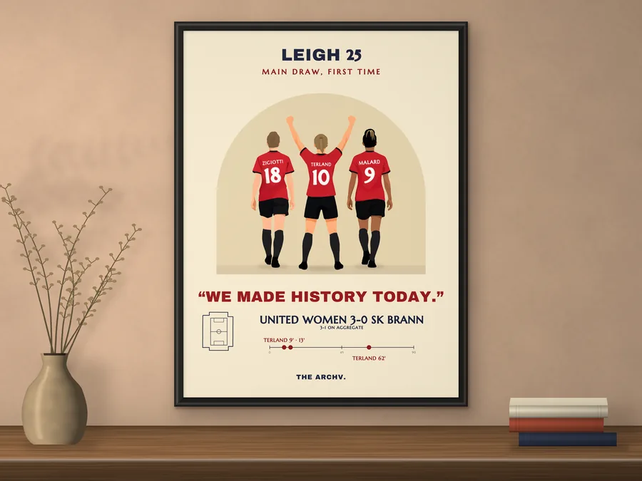 Framed poster on a wall: Manchester United Women's 3-0 win over SK Brann in the 2025 Women's Champions League qualifier at Leigh, three players seen from behind.