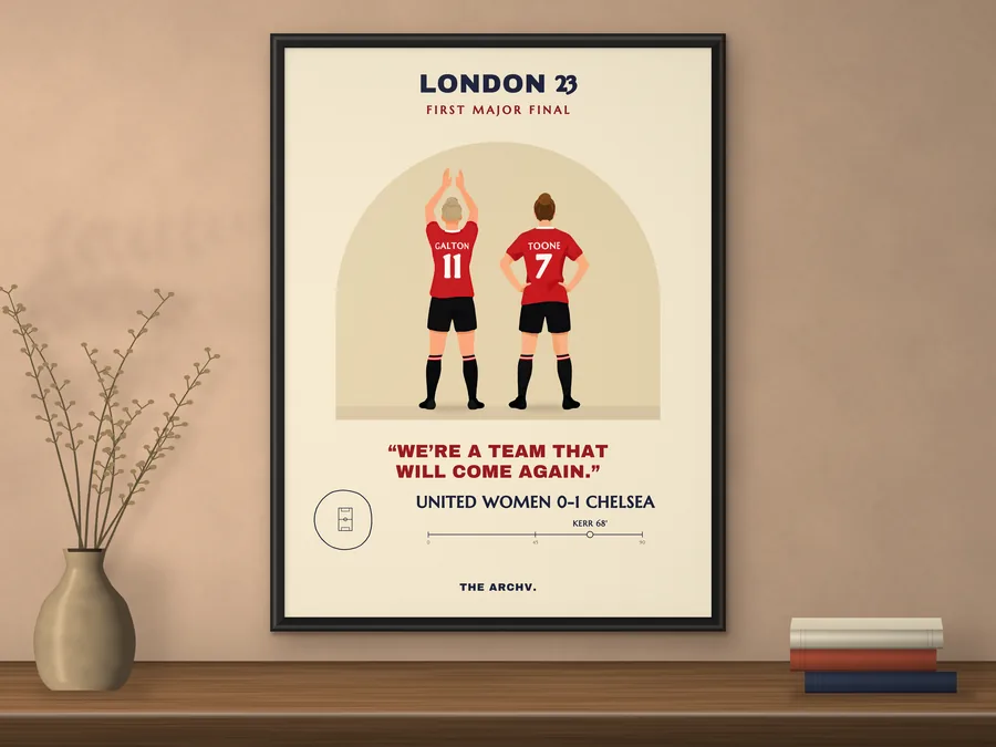 Framed poster on a wall: Manchester United Women v Chelsea, the 2023 Women's FA Cup final at Wembley, two players seen from behind.