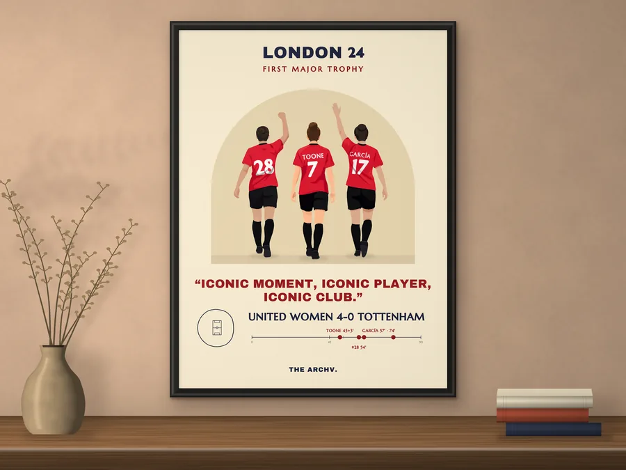 Framed poster on a wall: Manchester United Women's 4-0 win over Tottenham Hotspur in the 2024 Women's FA Cup final at Wembley, three players seen from behind.